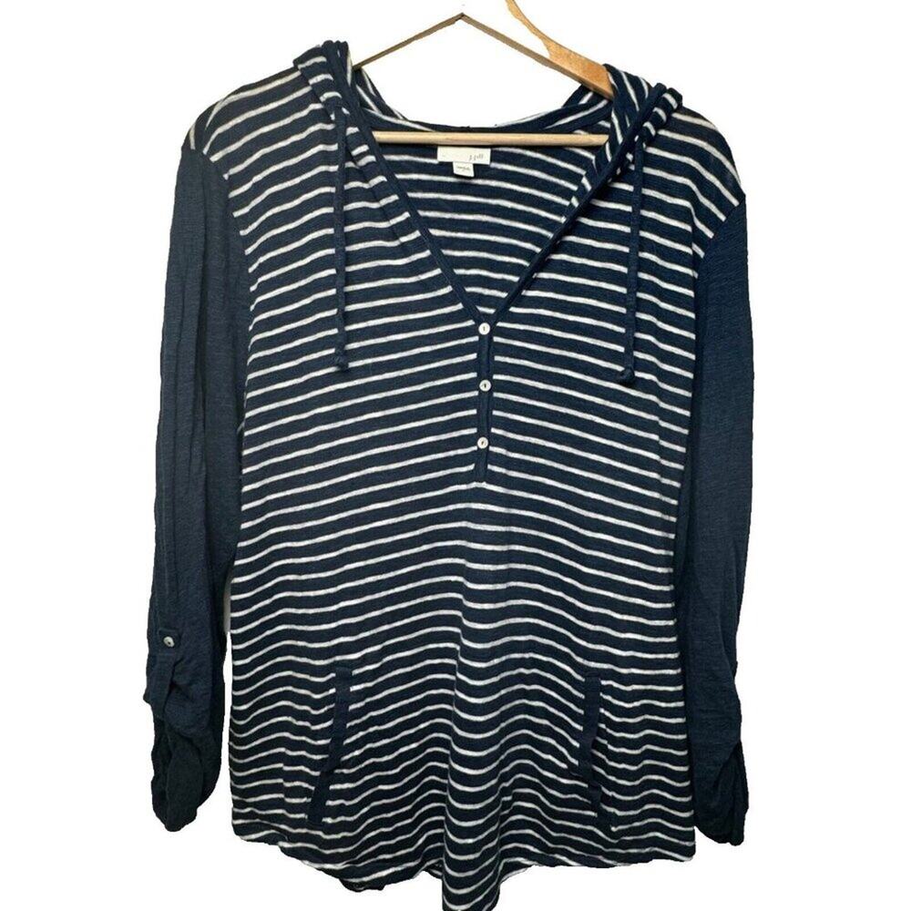 J. Jill Striped Hooded Top Navy White Large Lightweight Casual Pullover